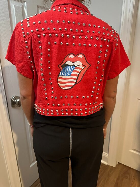 Jackets & Blazers - Red Short Sleeve Studded Jean Jacket with Rolling Stones Decal Logo